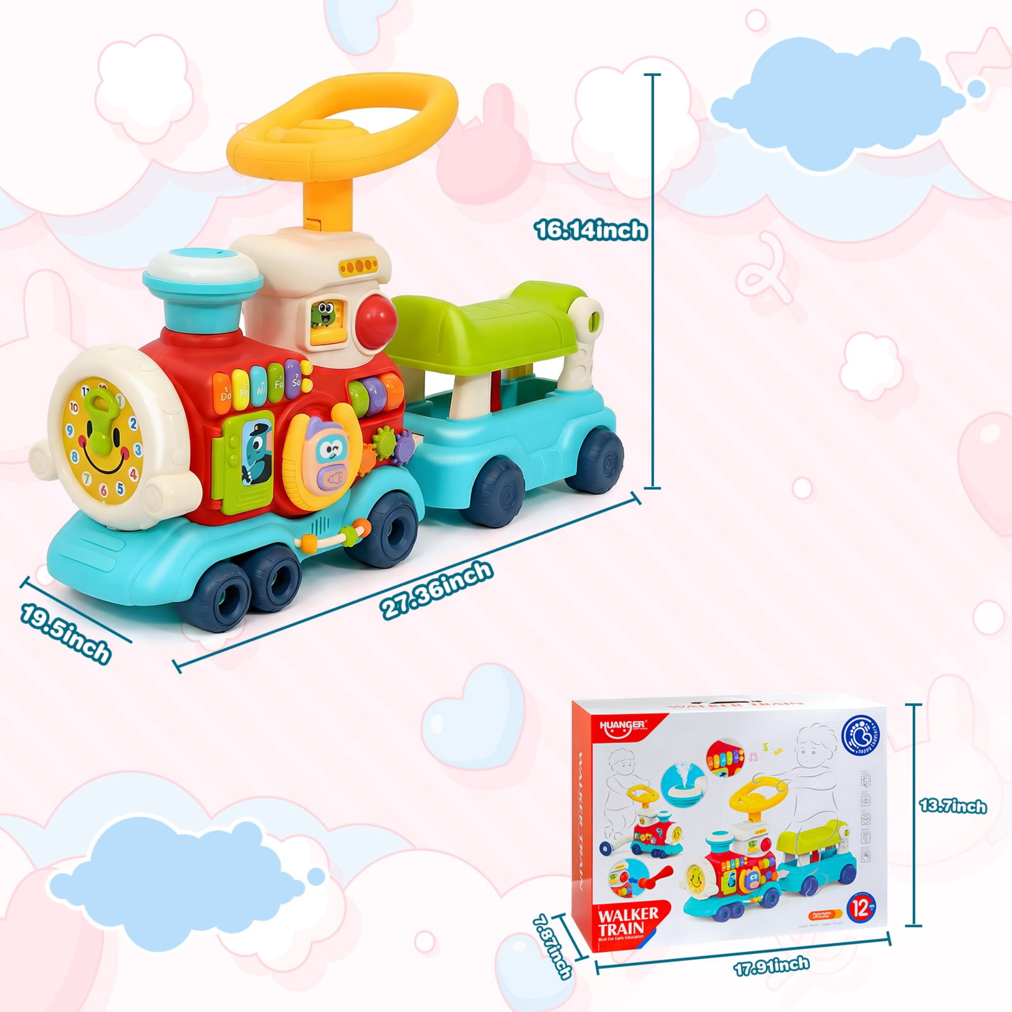 FVLOENG Baby Push Walkers Activity Table Center  4 in 1 Push Pull Sit and Ride Train Toys, Music Panel for 12 Months+ Early Educational Gift Infant Boys Girls