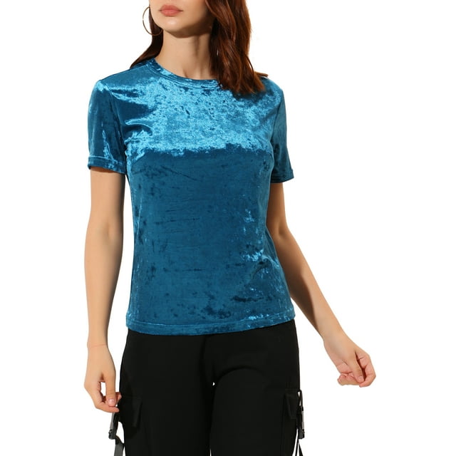 INSPIRE CHIC Chemise de Fête en Velours pour Femmes Col Rond Manches Courtes T-Shirt Décontracté TP Bleu