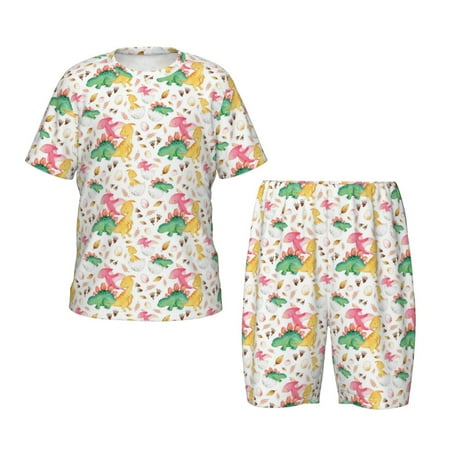 Luyuia Cute Baby Dinosaurs Print Girls  2-Piece Tie-Dye Pajama Set  Cute Summer Loungewear with Shirt and Tank Shorts Nightwear-Small