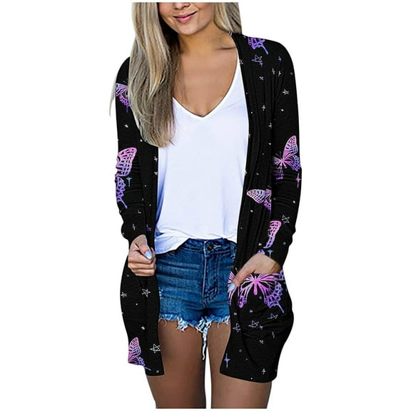 DOPI Fashion Women's Casual Loose Button Printed Long Sleeve Pocket Long Cardigan