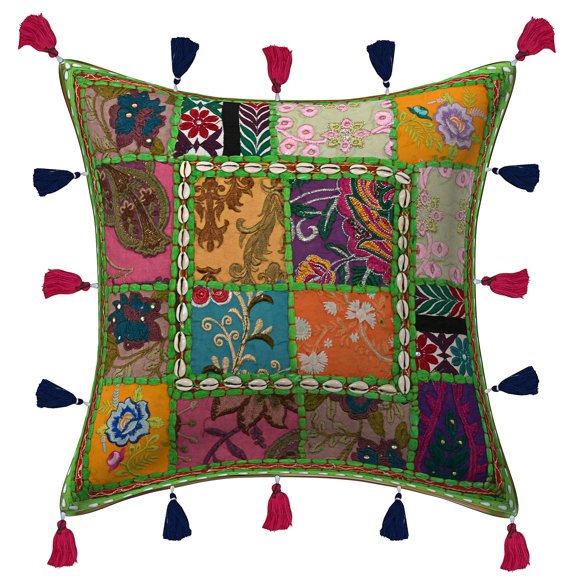 Stylo Culture Indian Sofa Throw Pillow Cover 16x16 Embroidered Patchwork Cowrie Tassels Parrot Green Tribal Hippie 40 x 40 cm Bedroom Cotton Floral Square Cushion Cover | 1 Pc