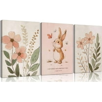 Nursery Bunny Wall Art Christian Scripture Canvas Painting Cute Pink Bunny Botanical Flowers Wall Decor Nursery Posters for Girls and Boys Kids Room Baby Room Decor（Only canvas）