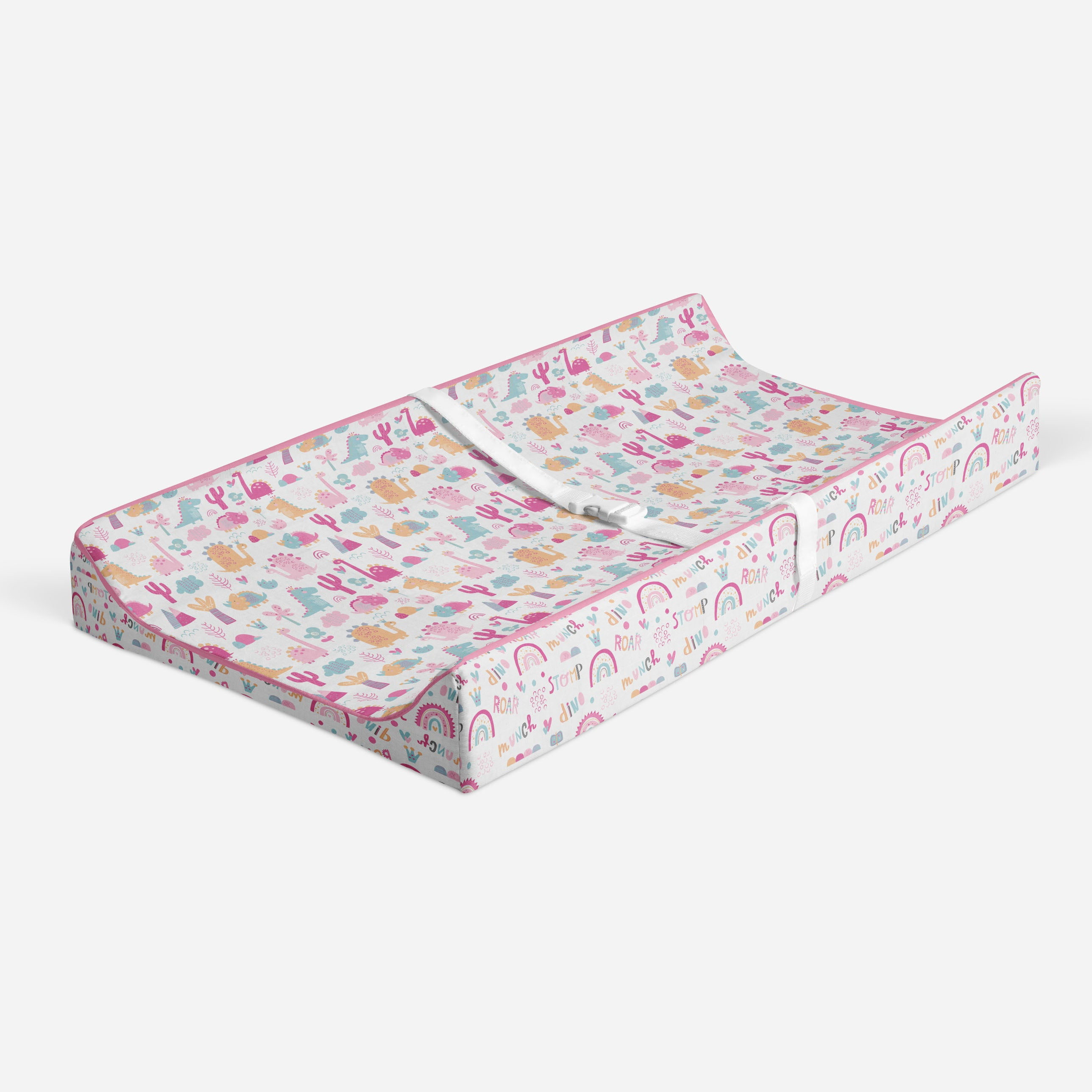 Bacati - Muslin Quilted Changing Pad Cover, Little Dino Girls Pink/Fuchsia/Aqua/Orange