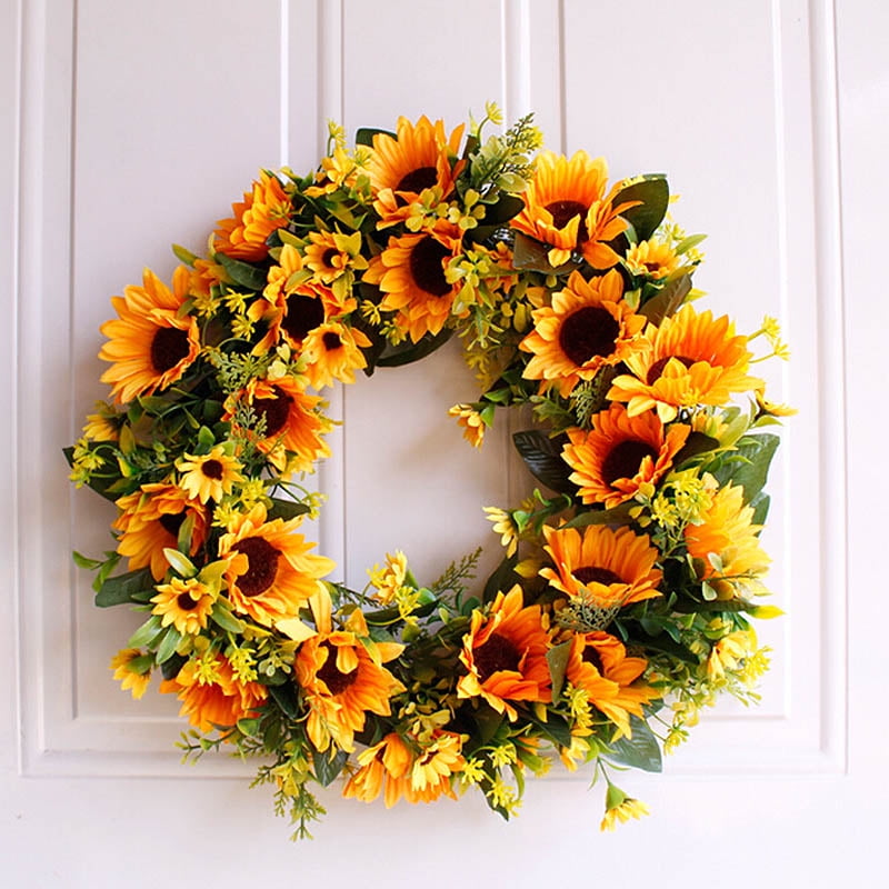 NUOBESTY Artificial Garland Iron Art Circle Simulated Flower Wreath Wall Ornament Artificial Flowers with Green Leaves Hanging Sunflowers for Wedding New Year Holiday Spring Scene Layout