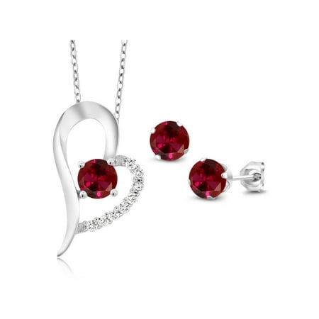 - 3.32 Ct Round Red Created Ruby 925 Sterling Silver Pendant Earrings Set