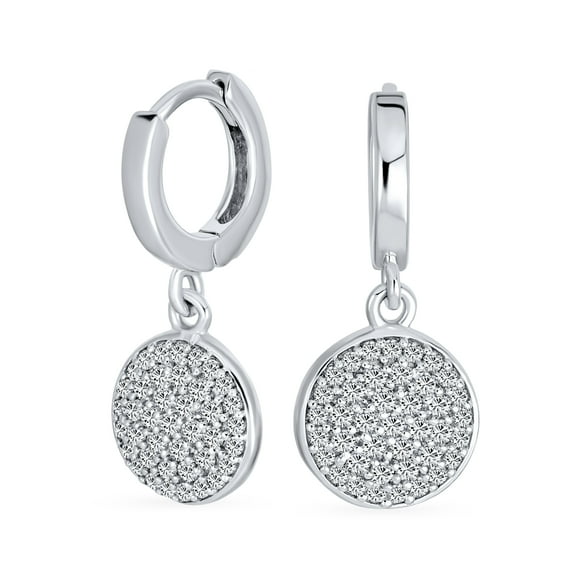 Bling Jewelry Womens CZ Pave Circle Coin Drop Huggie Mini Hoop Earrings .925 Sterling Silver
