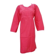 Mogul Womens Tunic Cotton Designer Caftan Pink Floral Embroidered Kurta Dress
