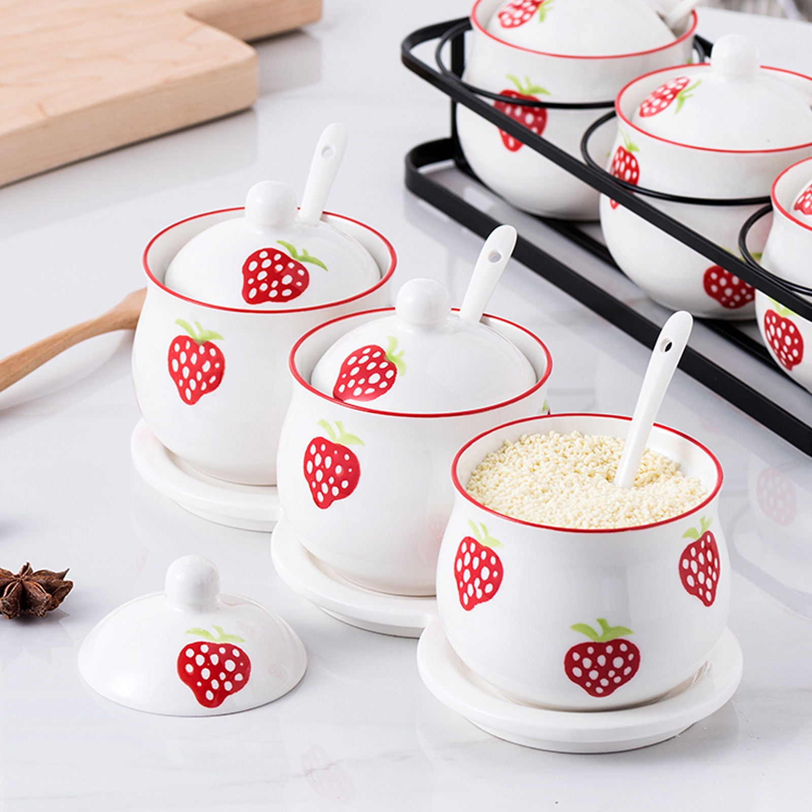 Cute 3pcs Strawberry Ceramic Food Soup Rice Bowl Storage Containers Set  w/lids