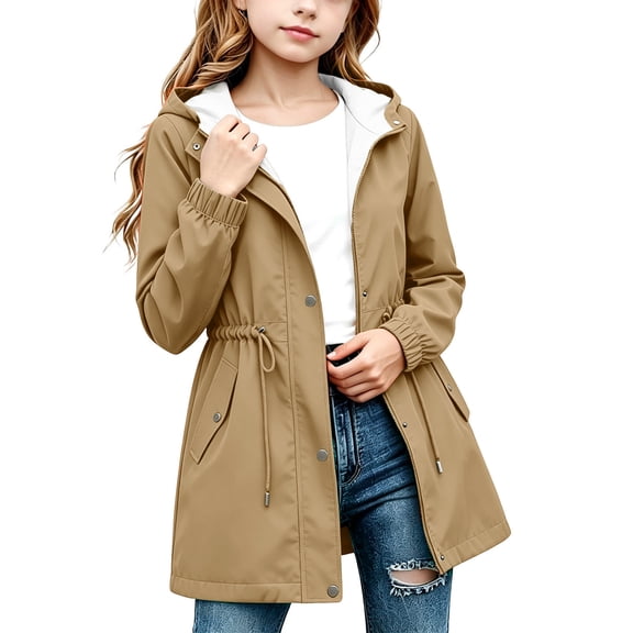 VEKDONE Girls Hooded Trench Coat Mid Length Drawstring Waist Windproof Rain Jacket with Pockets Kids Zip Up Snap Button Lightweight Outerwear Khaki,7 Years