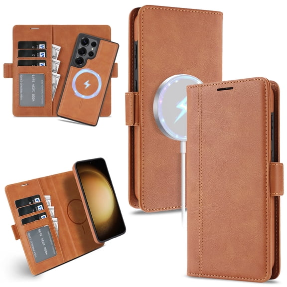 Allytechgroup 2 in 1 Wallet Case for Samsung Galaxy S26 Ultra, Magnetic Cover Compatible with Magsafe PU Leather TPU Inner Shockproof Cards Holder Detachable Case for Women Men, Brown