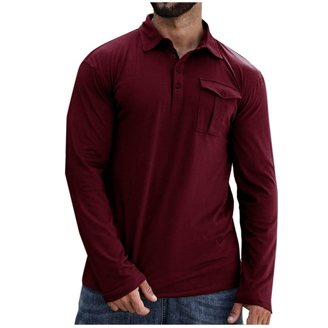 pstuiky Camisas para hombre de manga larga, Camisa de manga larga de color liso con bolsillo y cuello para hombre top de hombre l