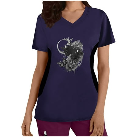 

Womens Scrub Tops Cute Cat Print Short Sleeve V-Neck Uniform Fashion Workwear T-Shirt Nurses Tops