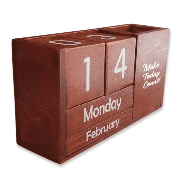 StriveZen Perpetual Wooden Desk Calendar, Solid Pine Monthly Date Organizer with Movable Blocks and Bonus Birthday Marker