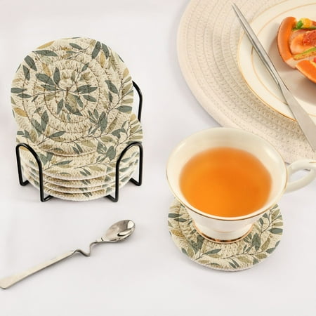 

Natural Environment Set of 6 Durable Woven Polyester Coasters with Black Storage Rack 4in