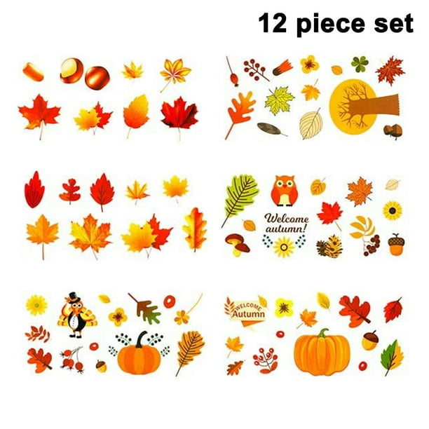 Fall Autumn Leaves Acorns Window Sticker Thanksgiving Decorations , Reusable Autumn Party Supplies Double Side Printing 12 piece set