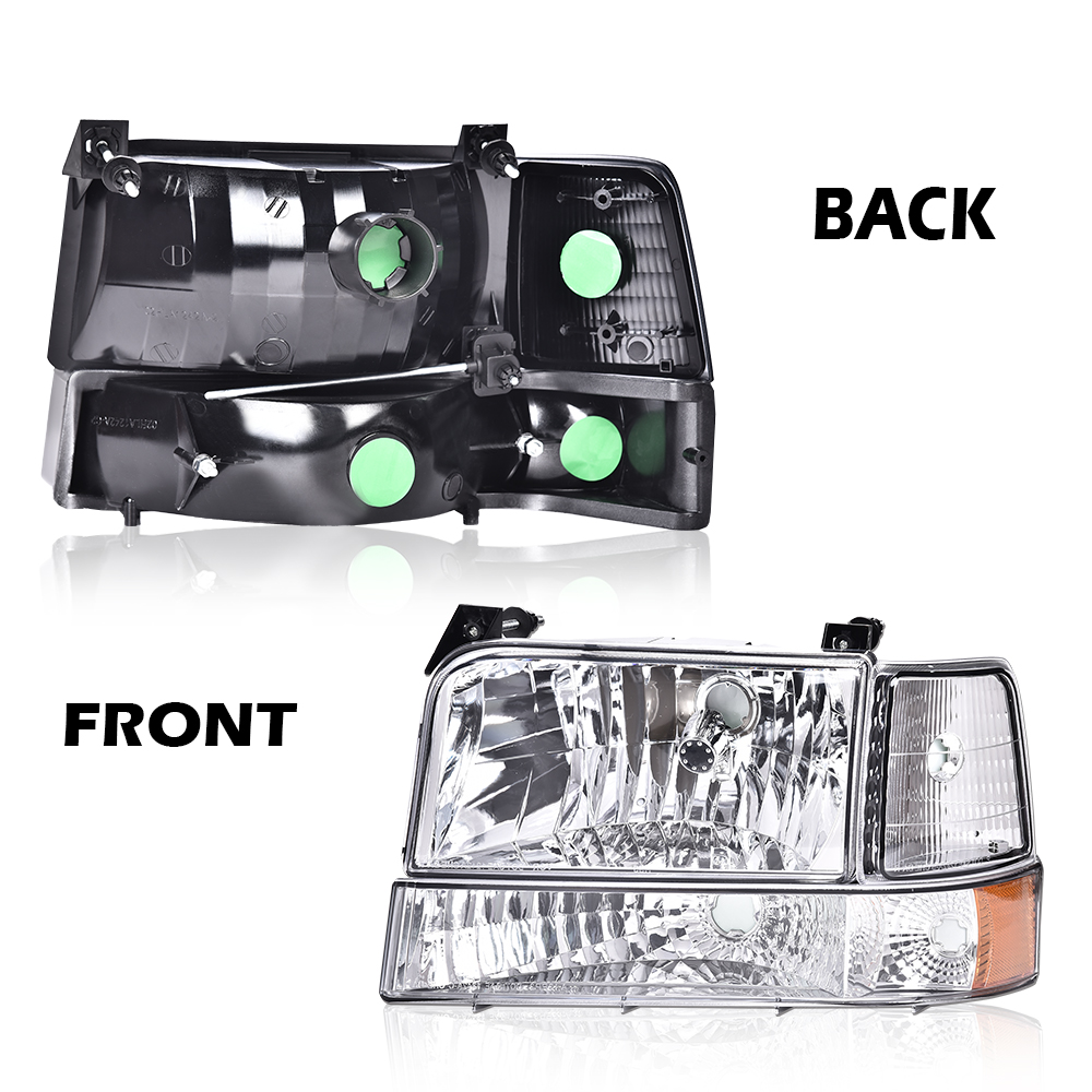 PIT66 Headlights w/Corner Signal Lamp Bumper Lamps Fit for 1992-1996 Ford F150 F250 F350 Bronco Clear Lens Chrome Housing Amber Reflector