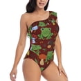 thumbnail image 3 of Rateoe Frogs and Mushrooms Pattern Women One Piece Swimsuits Tummy Control One Shoulder Bathing Suits Ruffle Swimwear-Medium, 3 of 6