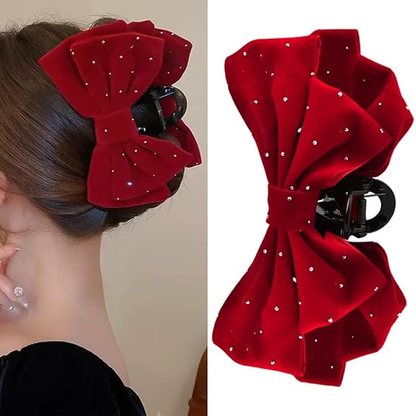 wonima44 Large Bow Claw Clips for Women - Velvet Red Bows With Rhinestones - Big Clips for Thick Long Hair - Bowknot Accessories for Girls Party Prom - Nonslip Jaw Clamps for Styling