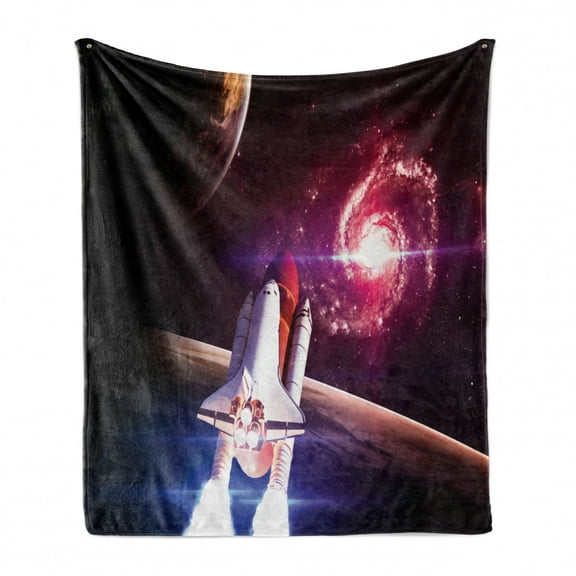 Galaxy Soft Flannel Fleece Blanket, Spaceship Flying in Milky Way Super Galactic Wander with Galaxy and Planets Art, Cozy Plush for Indoor and Outdoor Use, 50" x 70", Magenta White, by Ambesonne