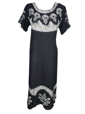 Mogul Womens Loose Caftan Dress Batik Embroidered Short Sleeves Round Neckline Rayon Boho Chic Dresses S/M