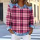 thumbnail image 2 of Camiseta de impresión a cuadros de cuello redondo casual de las mujeres, tops de solapa no posicionados para la primavera, 2 of 5