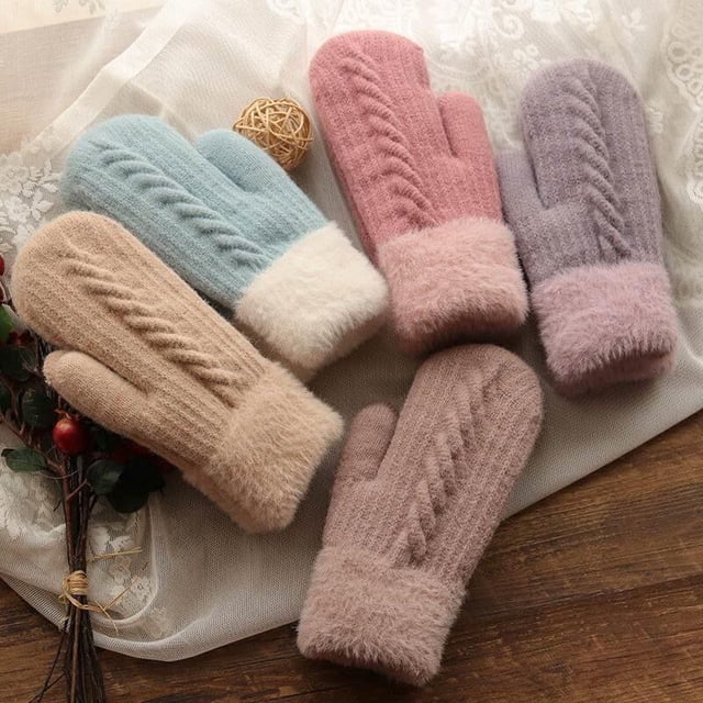 Ladies Knitted Twist Mittens Winter Wool Plush Thickened Warm Solid Color Full Finger GlovesA14 He Qiyong unisex