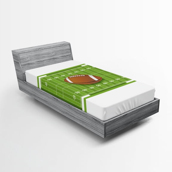 Football Fitted Sheet, Sports Themed Cartoon Srtle Image of Ruby Quinco Ball on Filed, Decorative Soft Bedding All-round Elastic Pocket, Twin Size, Pale Caramel Lime Green, by Ambesonne