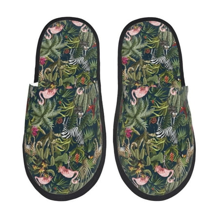 

Honeii Flamingos And Palm Leaves print Slippers Memory Foam House Bedroom Slippers for Women and Men Fuzzy Plush Comfy Faux Fur Lined Slide Shoes-Medium