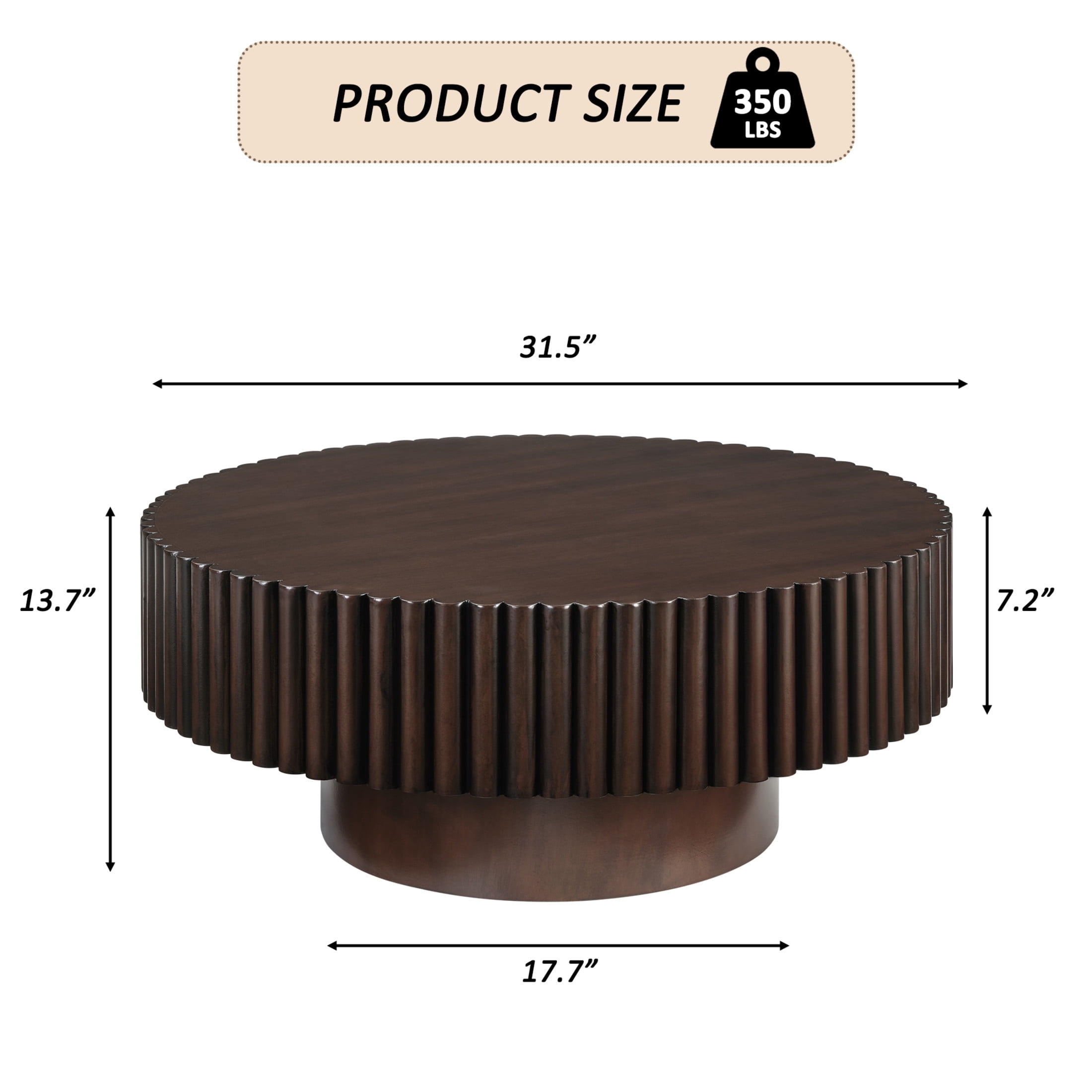 Noble House 31.5" Round Fluted Drum Coffee Table, Solid Wood Modern Center Table for Living Room, Espresso