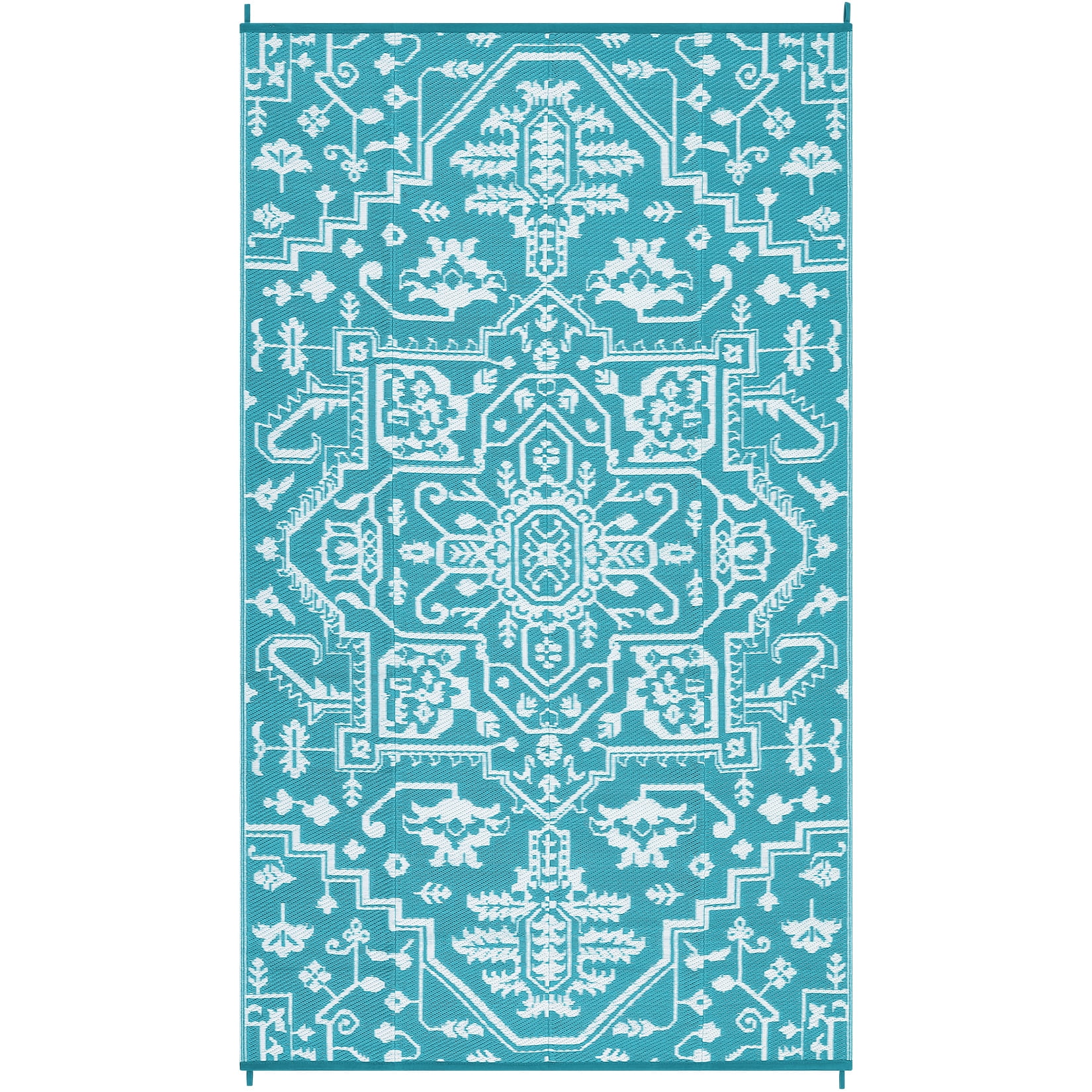 GlowSol 9'x12' Outdoor Rug Reversible Plastic Straw Area Rug Vintage Medallion Waterproof Area Rug for Patio Deck Balcony Backyard Picnic Beach, Light Blue White