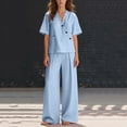 thumbnail image 3 of longantii Two Piece Outfits for Women Ruffle Design Sleeveless V-Neck T-Shirts Trendy Wide Leg Drawstring Trousers Baggy Outfits with Pockets Blue 2XL, 3 of 4