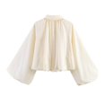 thumbnail image 4 of Sewkxo Womens Cropped Puff Sleeve Bomber Jacket Lapel Collar Pleated Full Zip Coat Spring Loose Fit Trendy Outerwear,Beige S, 4 of 8