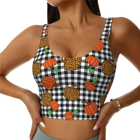 Sports Bra for Women  Leopard orange pumpkins plaid Sports Bras for Women High Support  Workout Yoga Tank Tops Woman With Removable Cups