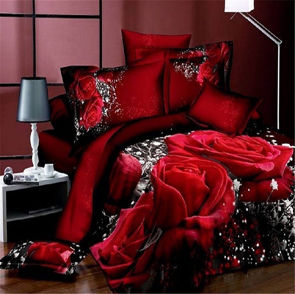 3D Oil Painting Red Rose Bedding Set Queen Size Comforter Bag Duvet Cover Set (3pcs Duvet Cover 200x230cm)