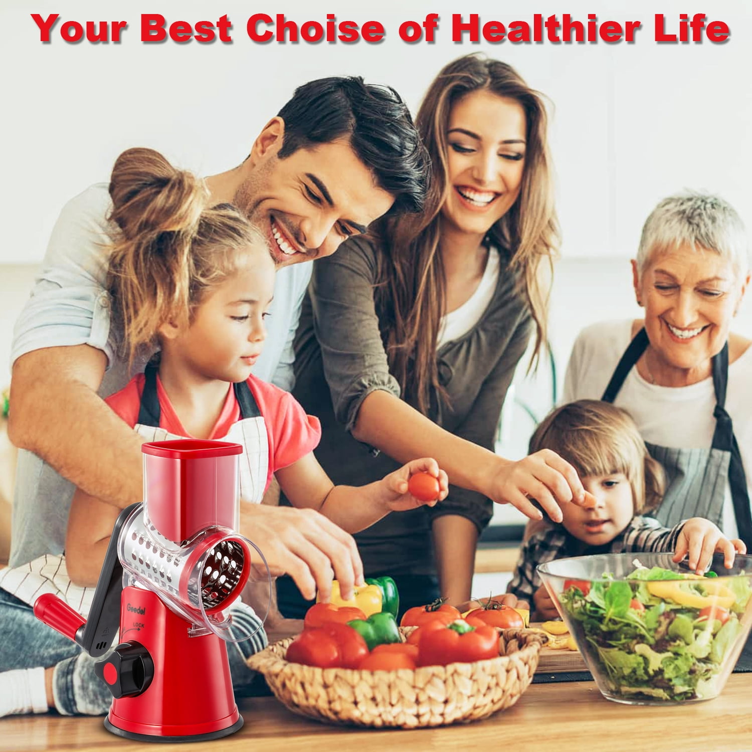Geedel Rotary Cheese Grater, Kitchen Grater Vegetable Slicer with 3 Interchangeable Blades, Powerful Suction, Dishwasher Safe, Easy to Clean Grater for Cheese,Vegetable, Fruit, Nuts