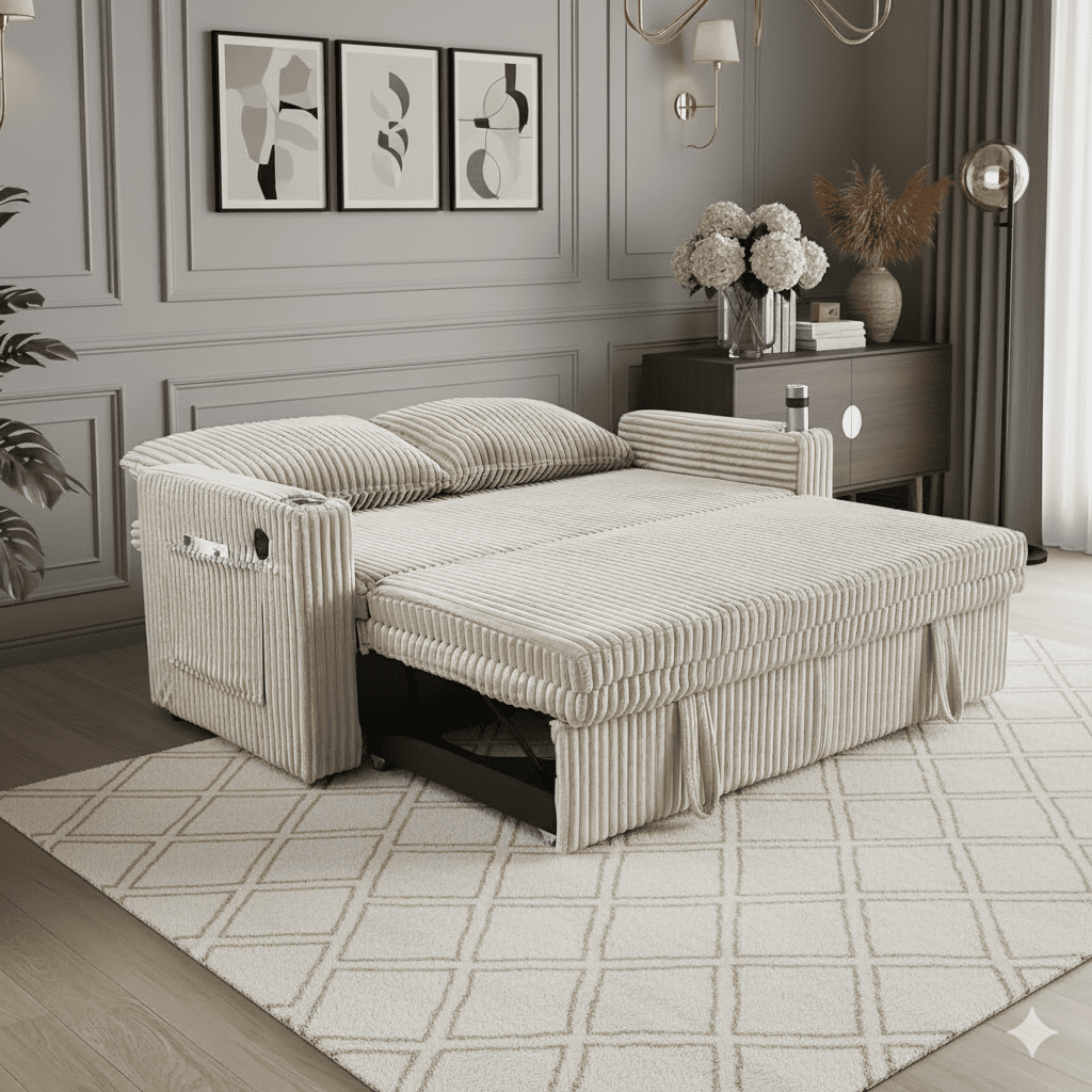 Vinform Sofa Bed with Pull Out Couch, 65" Convertible 3-in-1 Sleeper Sofa Bed for Living Room Small Space, Corduroy (Light Gray)