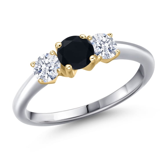 Gem Stone King 10K Two Tone Gold Black Onyx and White Zirconia Engagement Ring for Women | 0.98 Cttw | Round 5MM | Gemstone December Birthstone | Size 5