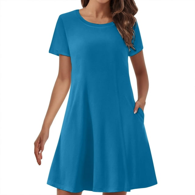 Tumotour Robe d'Été pour Femmes Simple Unie Ample Fluide à Manches Courtes Robe T-Shirt Col Rond Décontractée Mini Robe Soleil avec Poches