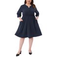 thumbnail image 2 of Vestidos de talla grande para mujer Agnes Orinda, con botones, cuello en V, mangas enrolladas, cintura elástica, vestido midi casual con bolsillo, 1X azul marino, 2 of 5