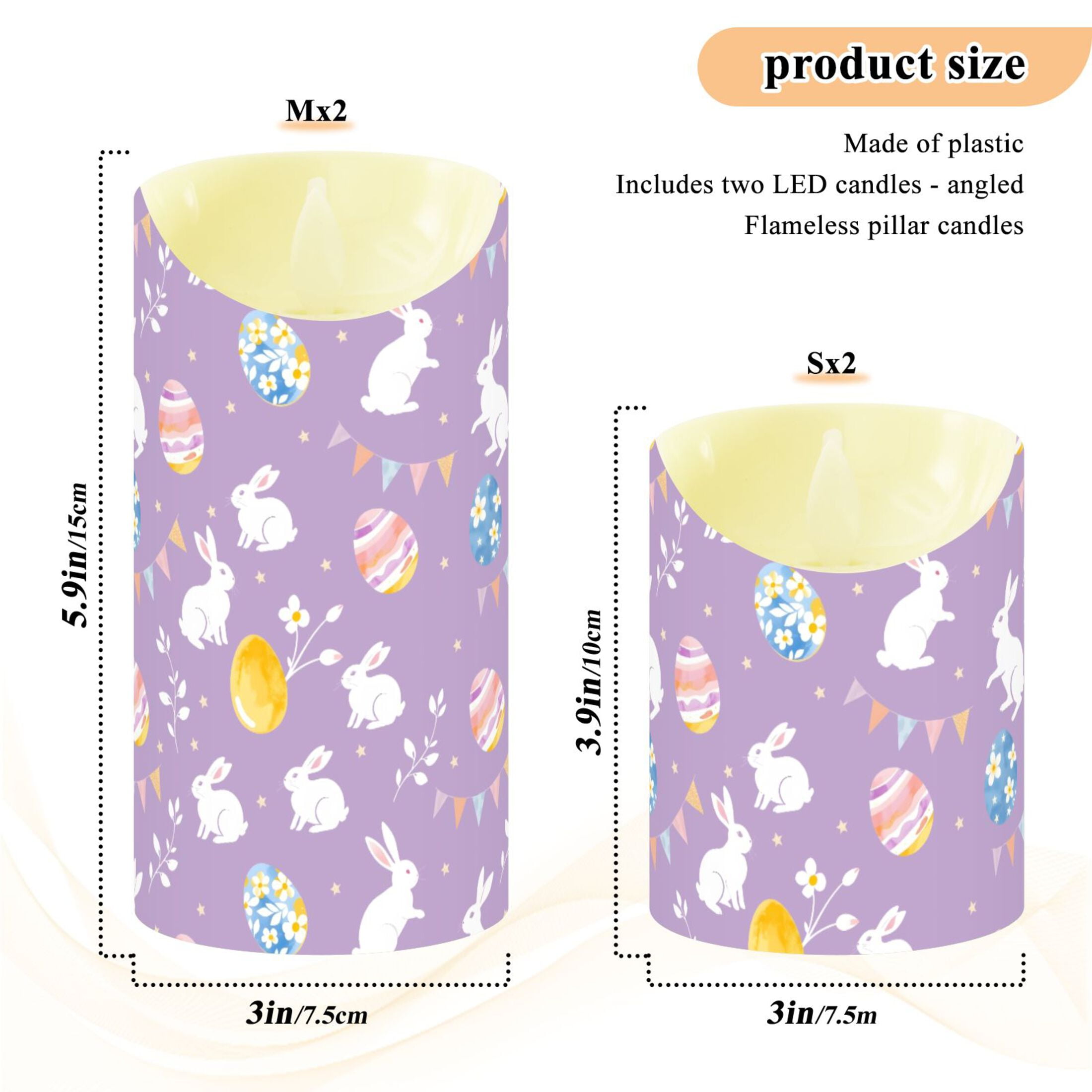 White Rabbit Colorful Easter Egg Pattern Flameless Candles 2 PCS with Remote Realistic Moving Flame LED Tapered Pillar Set for Home Decor