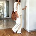 thumbnail image 3 of Zekutng Lounge Sets for Women Loose V-Neck Roll-up Sleeve Linen-Blend Shirt & Elastic Waist Wide Leg Pant Matching Set,Sizes S-3XL, 3 of 7