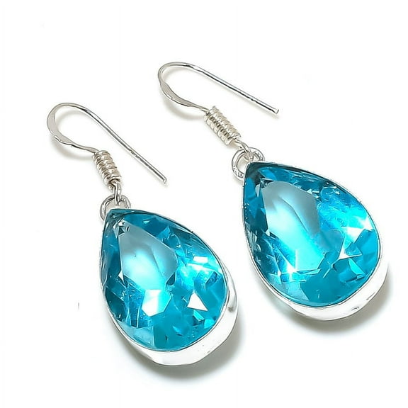 Natural Swiss Blue Topaz Gemstone 925 Sterling Silver Jewelry Earring 1.77"