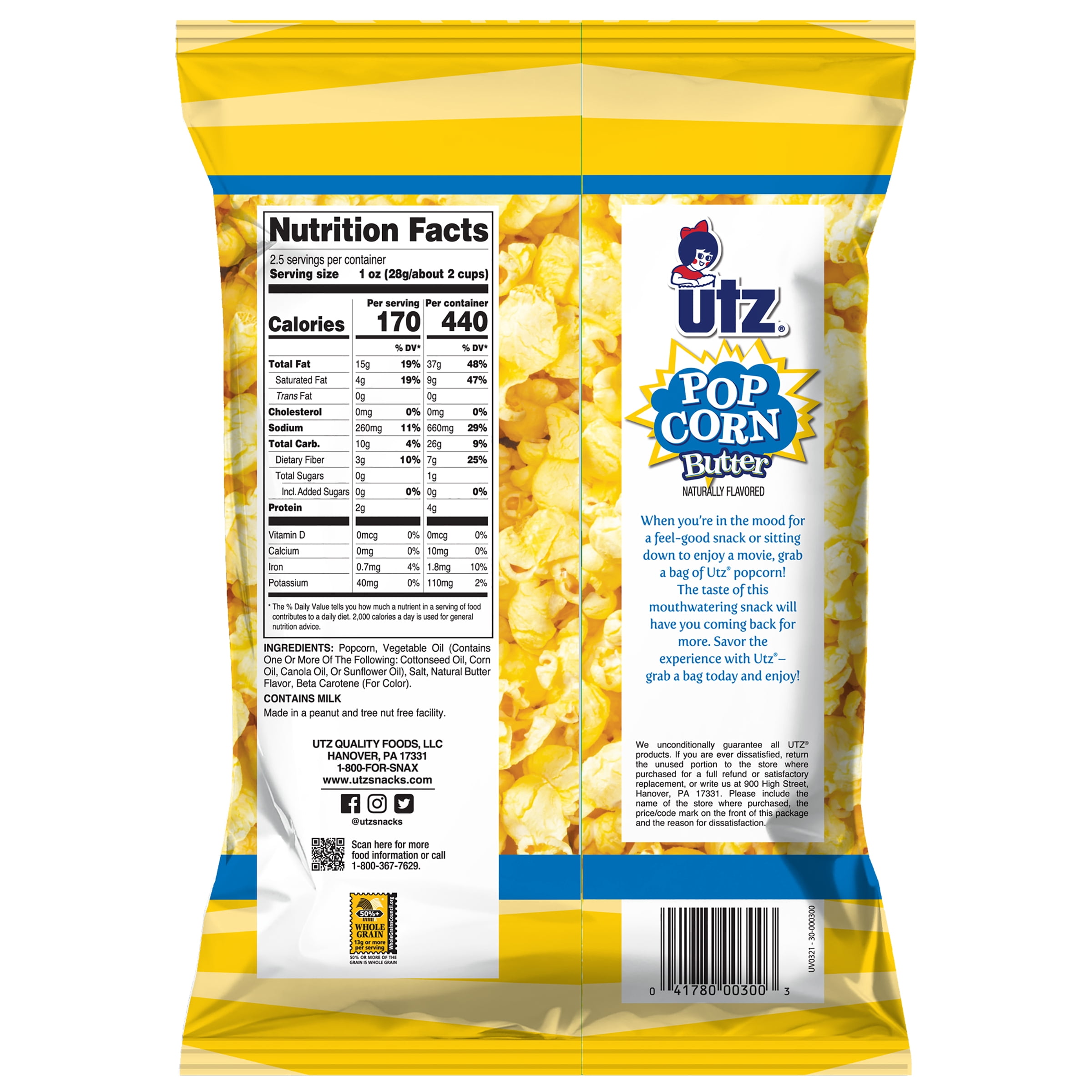 Utz Butter Popcorn, Movie Theater Style, 2.5 oz - Pack of 14