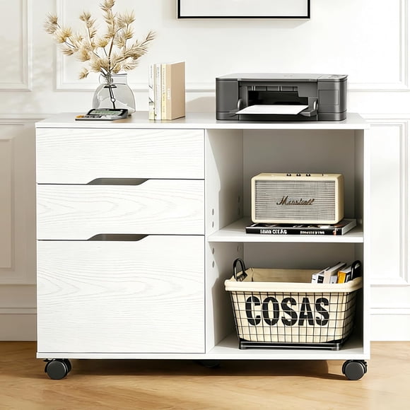 Archivero Con 3 Cajones Archivero Organizador De Madera Con Ruedas Cajonera Para Escritorio Mueble Para Impresora y Revistero Adecuado Para Salas De Reuniones,Oficinas Blanco (79x40.2x63.4CM)