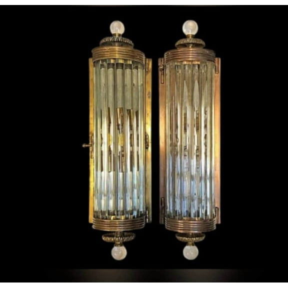 Pair Of Antique Old Vintage Skyscraper Art Deco Brass & Glass Rod Wall Sconces Light Lamp