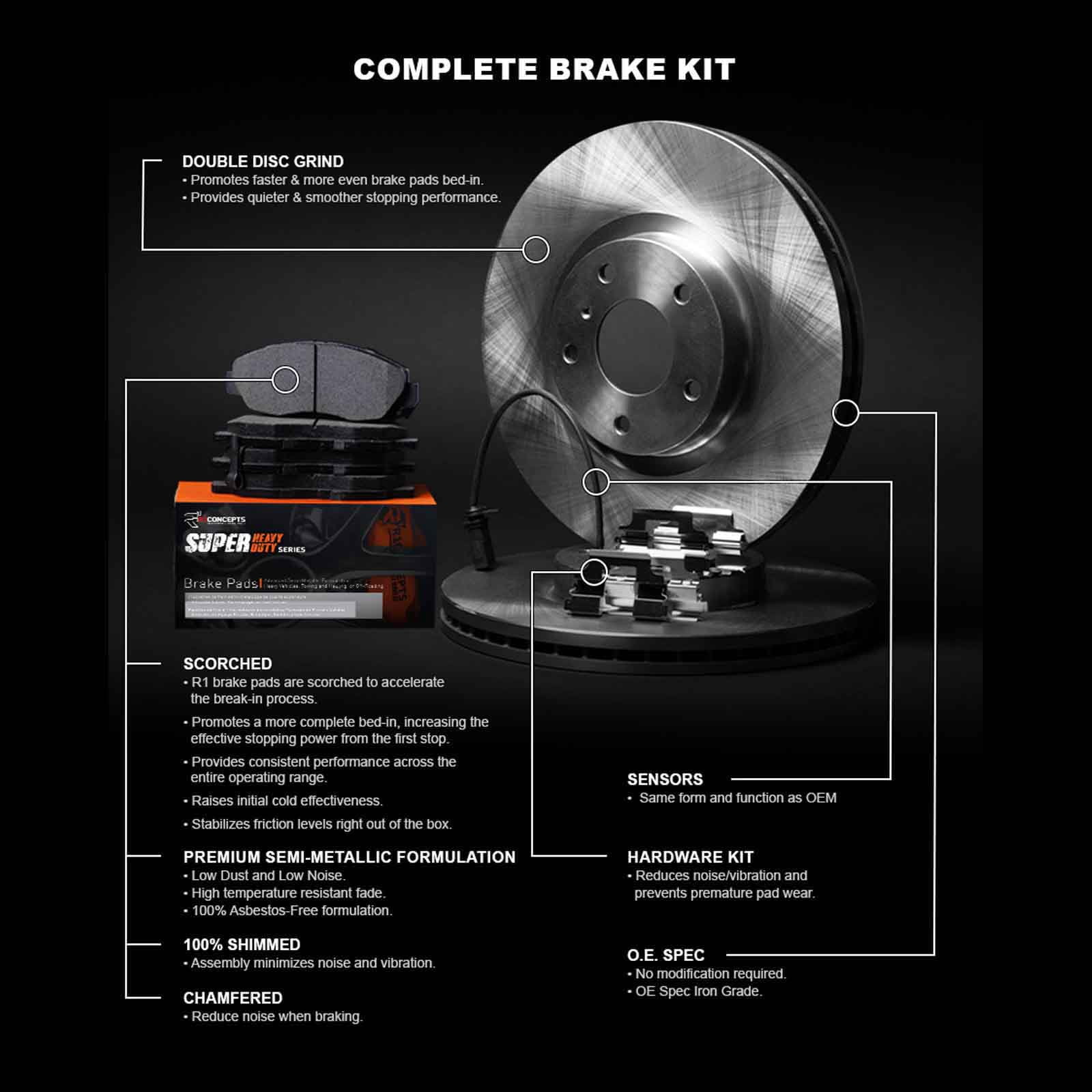 R1 Concepts Rear Brakes and Rotors Kit |Rear Brake Pads| Brake Rotors and Pads| Super Duty Brake Pads and Rotors| Hardware Kit and Sensor WFXS1-40001