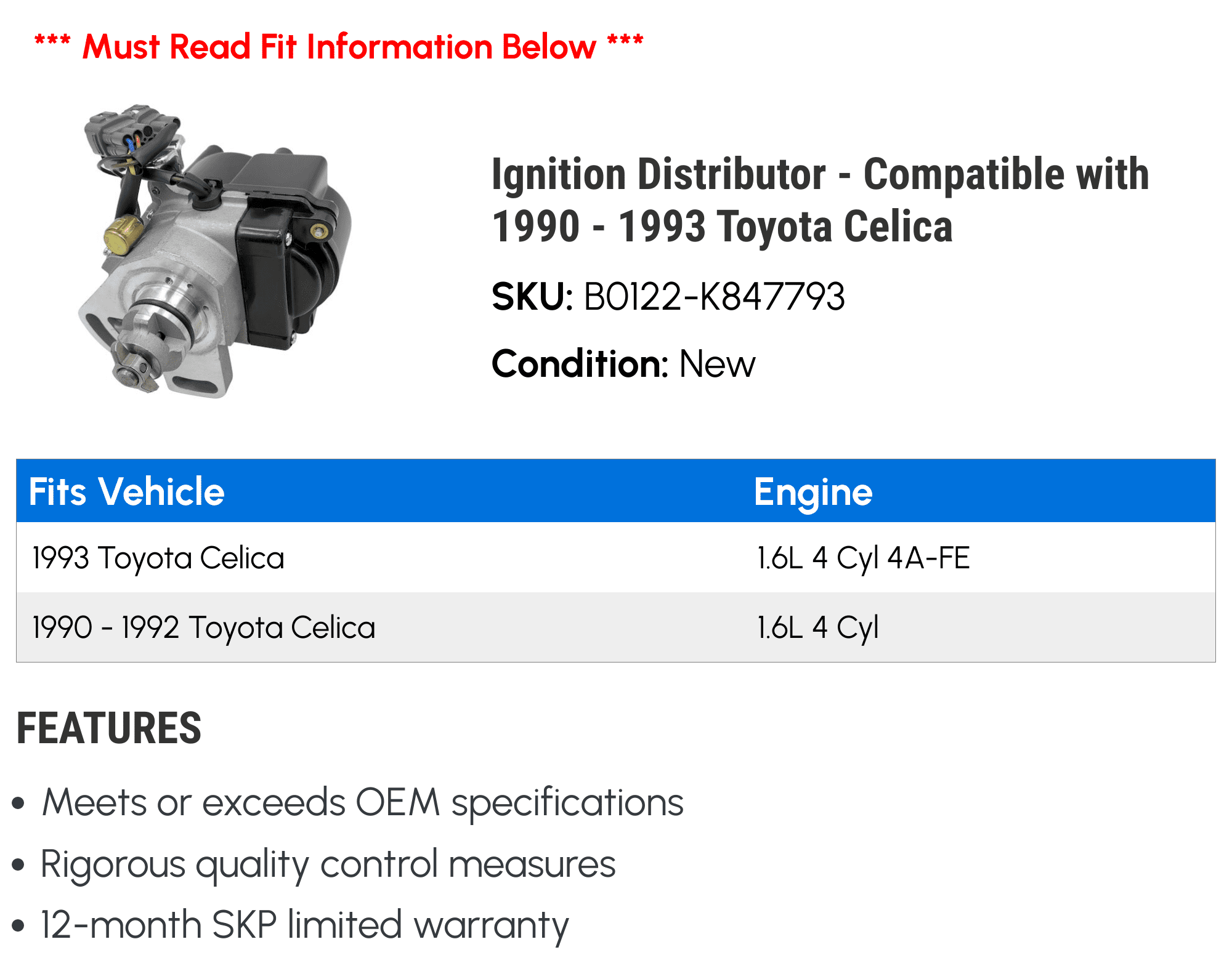 Ignition Distributor - Compatible with 1990 - 1993 Toyota Celica 1991 1992