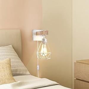 Farmhouse Plug In Wall Sconces Set of 2, Wood White Metal Cage Wall Lights with On/Off Switch for Bedroom Living Room