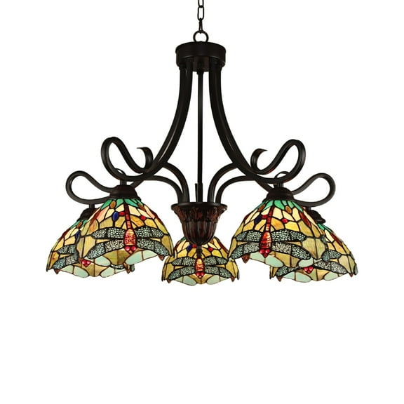 CHLOE Lighting EMPRESS Dragonfly Tiffany-style Dark Bronze 5 Light Large Chandelier 27" Wide