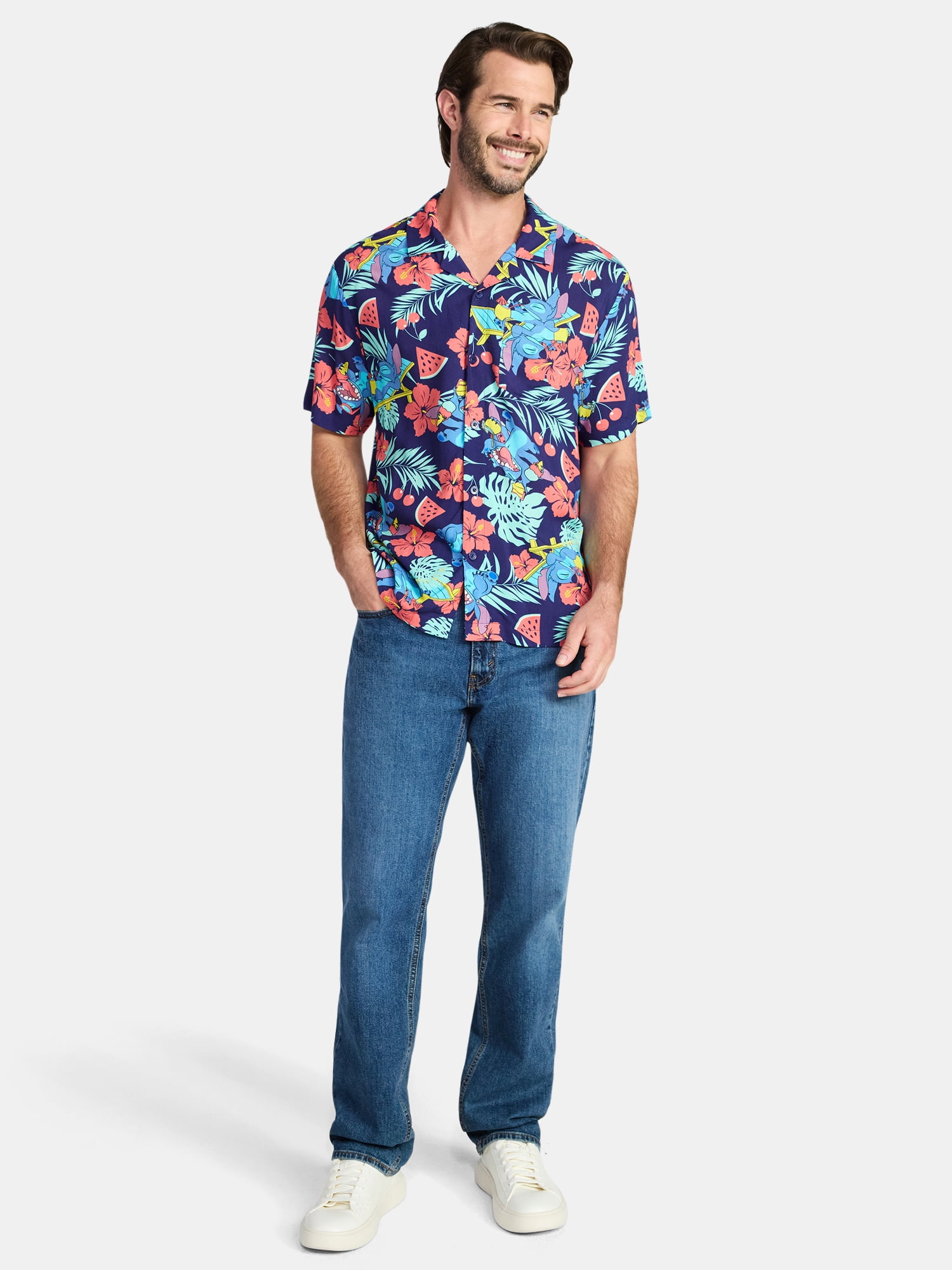 Lilo & Stitch Men's and Big Men's Graphic Button-Up Shirt, Sizes XS-5XL